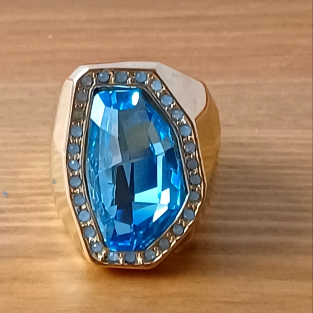 St. John Gold Ring with Large Blue Faceted Stone and Clear Accents